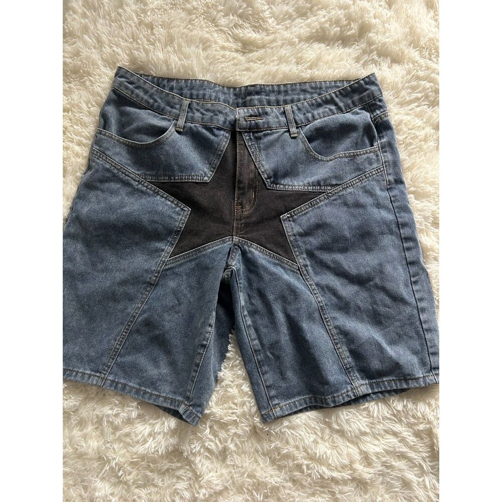Romwe Mens Size 36 Star Patch Two Tone Denim Shorts Jorts Y2K Streetwear